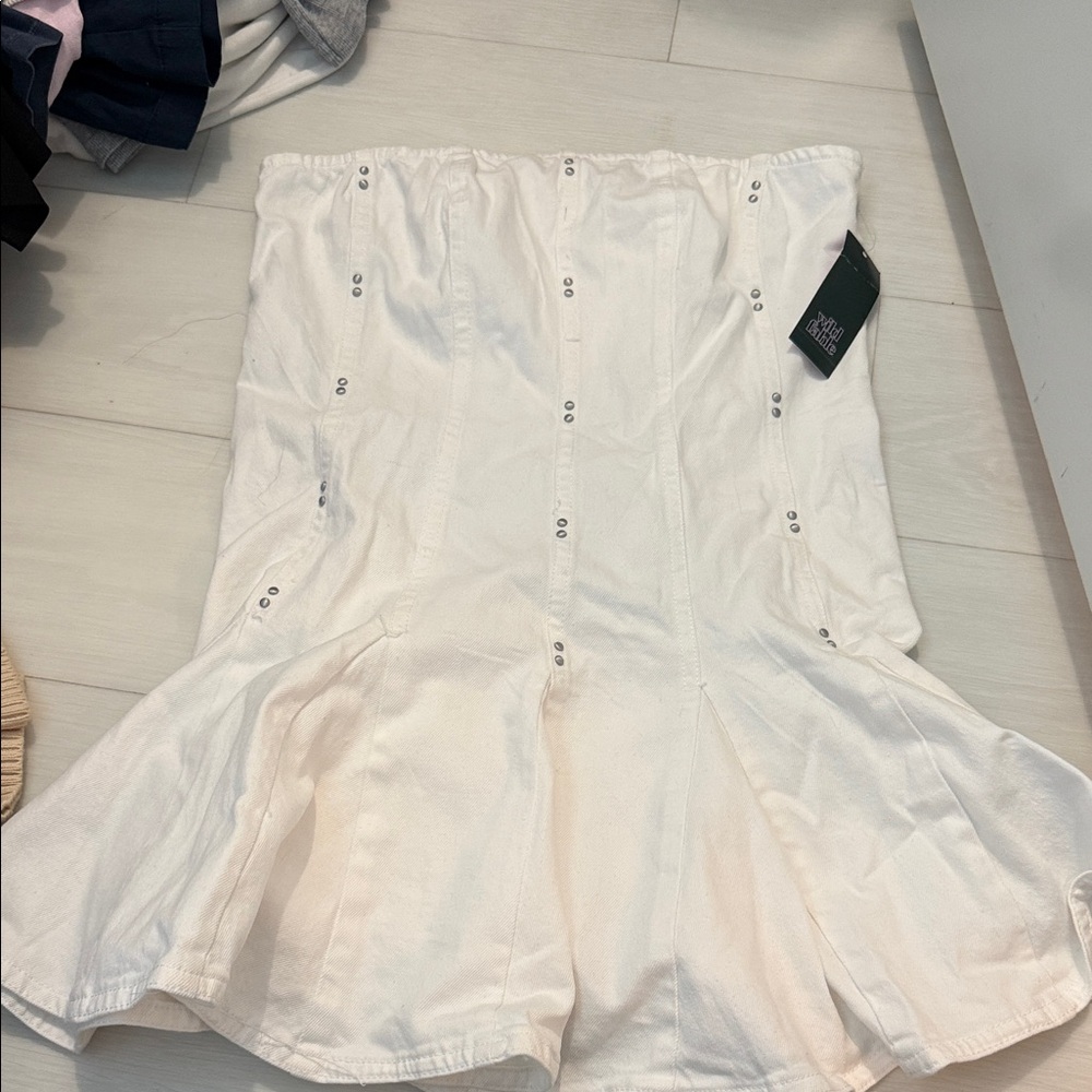 White Strapless denim Dress with Silver Accents